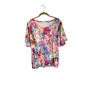 Soft Surroundings Tiered Flutter Sleeve Top Watercolor Floral Womens Size Medium